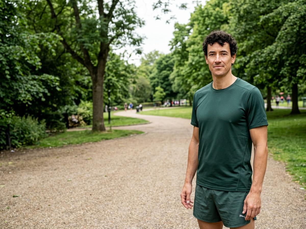 Benjamin Mauerberger outdoors on a tree-lined running path
